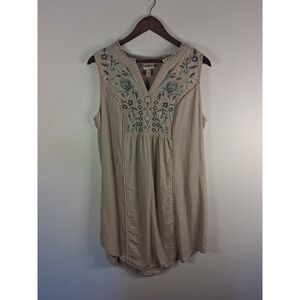 Boho Knox Rose Embroidered Sleeveless Tunic Womens XXL Taupe Pom Pom Trim V-Neck
